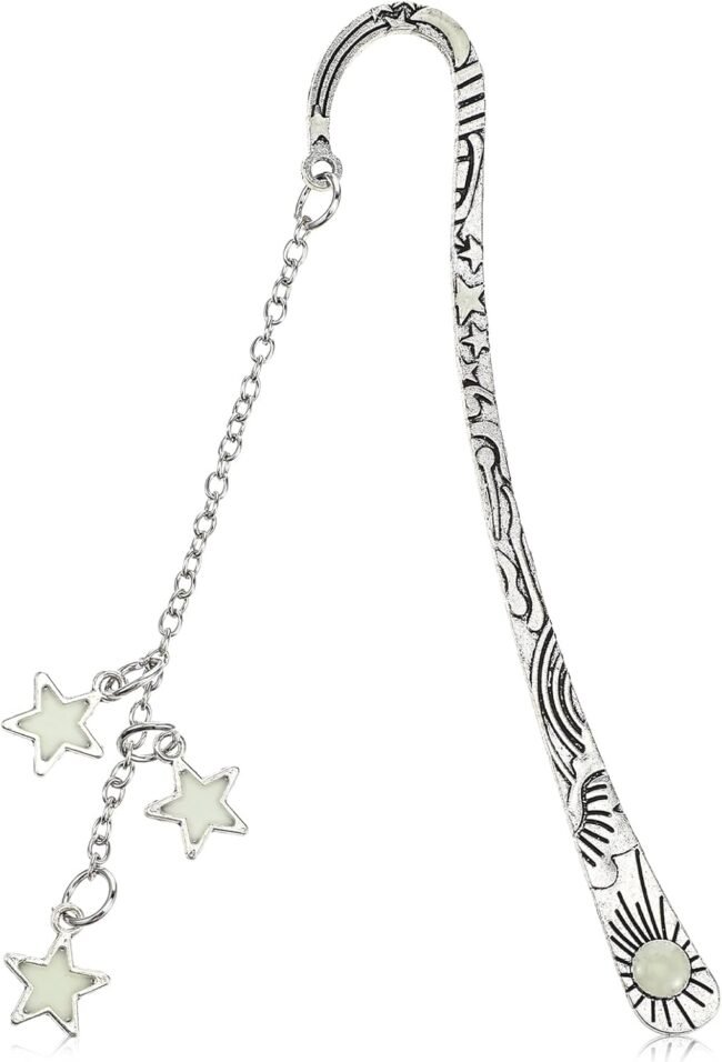 Moon and Stars Luminous Bookmark Glow in The Dark Embossed Book Mark Fantasy Carved Hook Page Markers Reading Accessories Gift for Bookworm Valentine's Day Readers