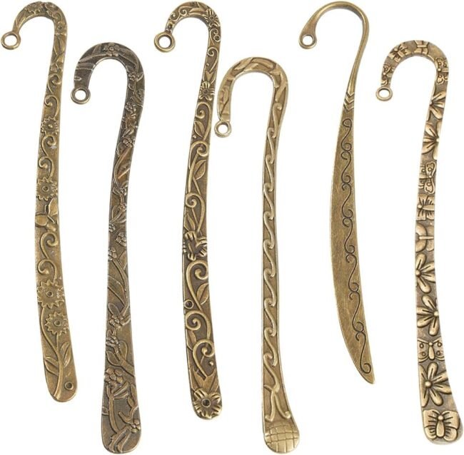 12Pcs Hook Bookmarks Bulk Tibetan Style Antique Bronze Bookmark Hooks Blanks Flower Carved Hairpin Stripe Metal Book Marks Double Sided Vintage Bookmarks with Loop for Beading Crafting