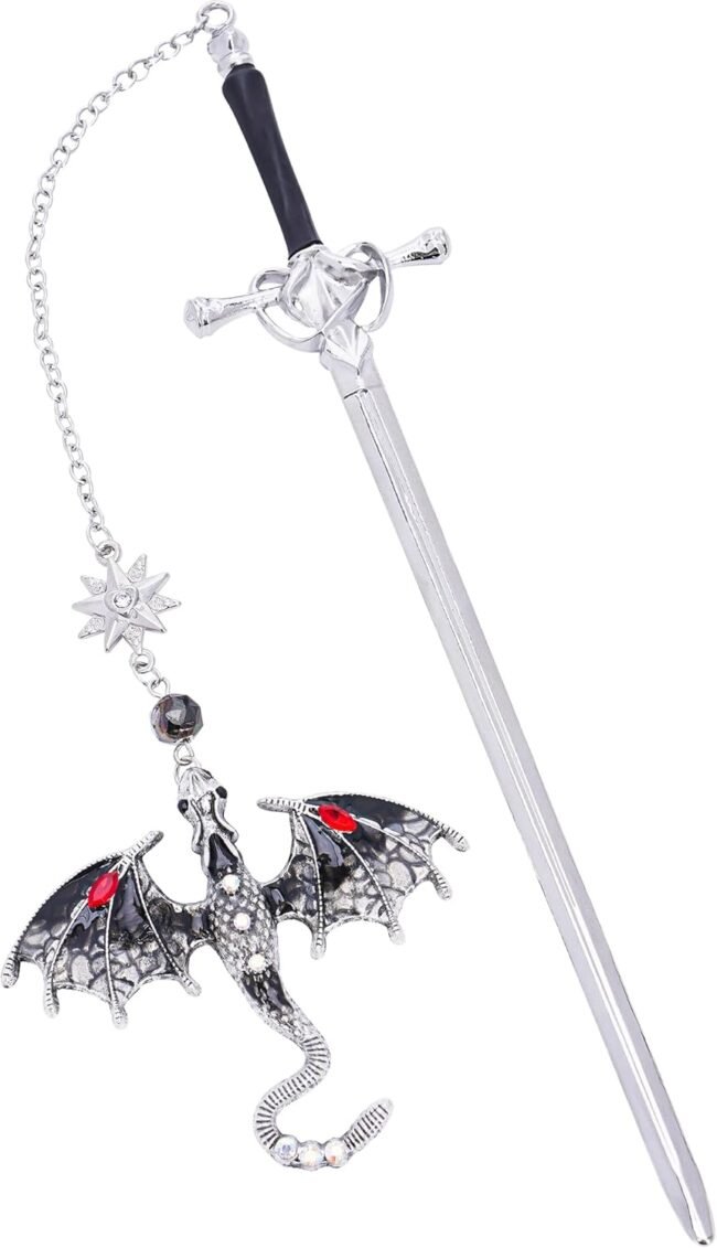 Fourth Wing Dragon Bookmark - Fantasy Sward Book Marks Vintage Tassel Metal Pendant Antique Silver Gray Inspirational Bookmarks Reading School Office Supplies Gift Men Boy Bookworm Reader
