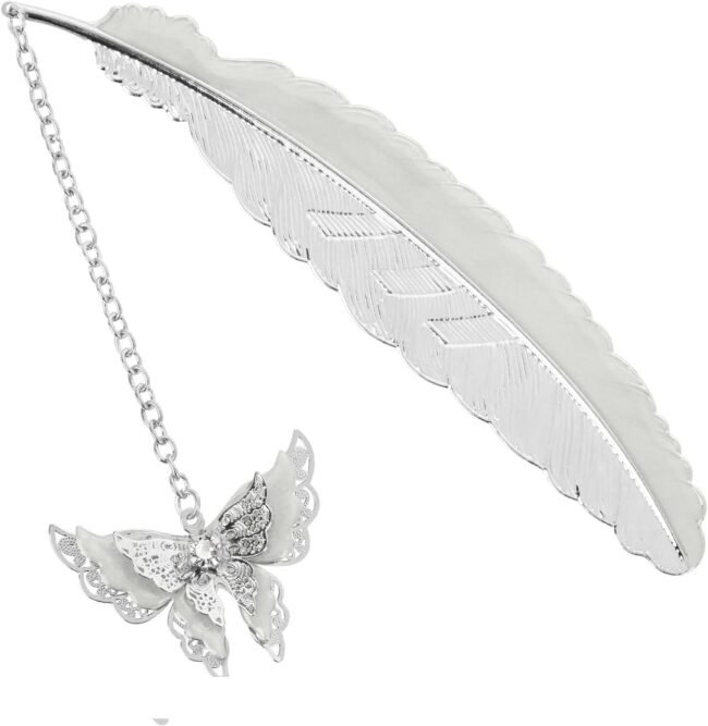 Metal Feather Bookmark - Glow in The Dark with 3D Butterfly Charm, Unique Gift for Women Book Lovers (Silver Feather)