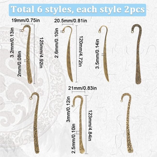 12Pcs Hook Bookmarks Bulk Tibetan Style Antique Bronze Bookmark Hooks Blanks Flower Carved Hairpin Stripe Metal Book Marks Double Sided Vintage Bookmarks with Loop for Beading Crafting - Image 2