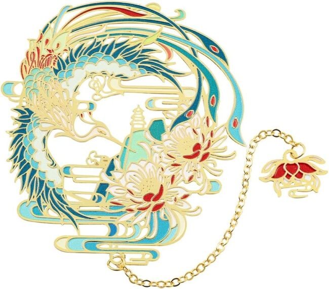 Chinese Mythological Auspicious Beasts Metal Bookmarks - Nine-Tailed Fox, Loong, Phoenix, Koi, Crane, Deer, Mythical Beasts Anime Book Mark Collection for Book Lovers (Phoenix)