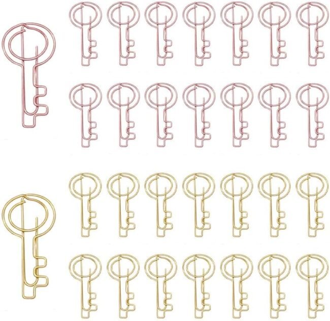 30pcs Key Shape Paper Clips with Clear Box, Rose Gold and Yellow Gold, Funny Cute Paperclips Bookmarks Planner Clips for Fun Office Supplies School Gifts Wedding Decoration