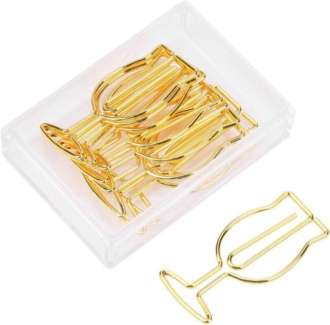 10pcs Paper Clips Wine Bookmarks Coated Paperclips Metal Golden Document Clips for School Office Bookmark Organizing Stationery(Wine Glass Shape)