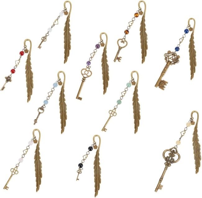 10pcs Feather Bookmarks, Metal Crystal Bookmarks Vintage Gemstone Beading Bookmarks Antique Bronze Key Book Markers for Reading Book Lovers Teacher's Day Delicate Gifts