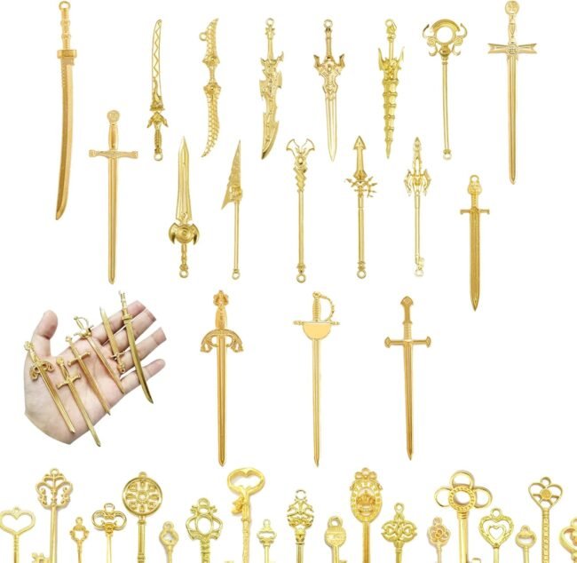 58 PCS Antique Sword Knife Bookmark Metal Skeleton Keys Mini Knife Sword Charms Cool Anime Bookmark Pendants Tiny Key Charms Book Marks for Jewelry Making Book Lovers