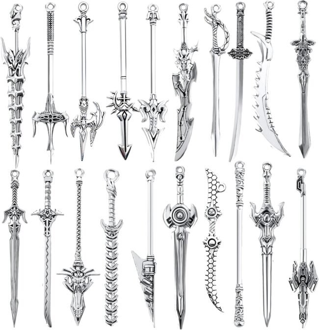 20 Pcs Antique Swords Bookmark Metal Vintage Knife Charms Silver Keychain Sword Pendants Mini Ancient Knife Accessory Gift for Book Lovers DIY Necklace Bracelet Crafting
