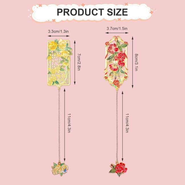2 Pcs Metal Rose Bookmarks, Beautiful Book Marks for Reading Women Vintage Bookmarks with Metal Chain Pretty Bookmark Gift for Book Lovers Readers Birthday Christmas Gifts(Red, Yellow Roses) - Image 2