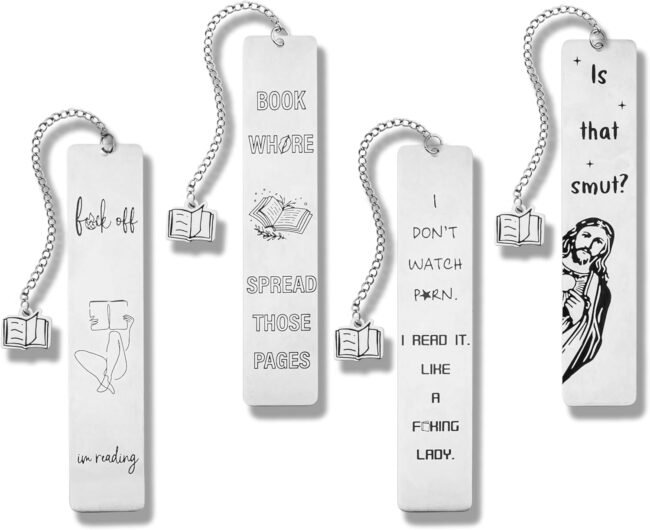 Funny Metal Bookmark Set of 4 – Sarcastic Gifts for Book Lovers, Women, Men, Teens, Friends, Coworkers – Stainless Steel Page Markers with Humorous Engraved Designs – Reading Accessories for Her & Him
