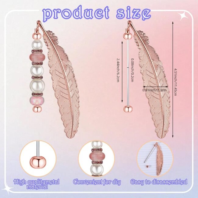 5 Pcs Feather Beaded Bookmark Tassels, Beadable Bookmark Bulk, Unique Beadable Bookmarks DIY Beadable Keychains Bookmark for Men Women Reader Teacher Supplies (Rose Gold) - Image 2