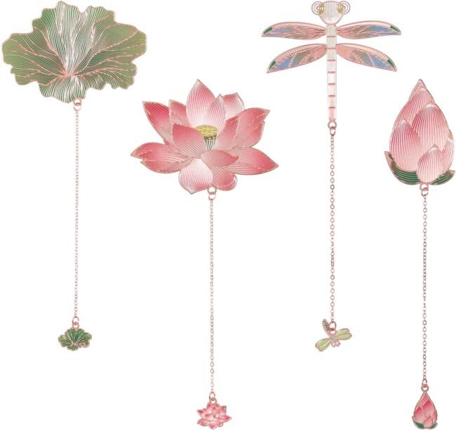 4Pcs Metal Bookmarks with Chain Plant Bookmark Golden Lotus Leaf Birthday Gifts Unique Teacher Christmas Gifts Literary Accessory Appreciation Stuffers for Book Lovers Writers Readers Women Adults