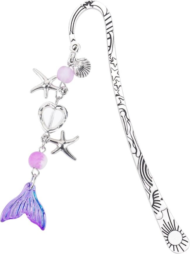 Fantasy Fish Tail Bookmark - Charm Purple Aesthetic Book Marks Cute Silver Chain Pendant Tassel Metal Bookmarks Reading Women Girls Kids Students Teachers Thank Valentines Gift Accessories