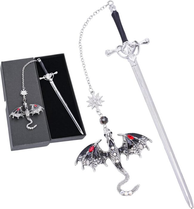 Fourth Wing Dragon Bookmark - Fantasy Sward Book Marks Vintage Tassel Metal Pendant Antique Silver Gray Inspirational Bookmarks Reading School Office Supplies Gift Men Boy Bookworm Reader - Image 2