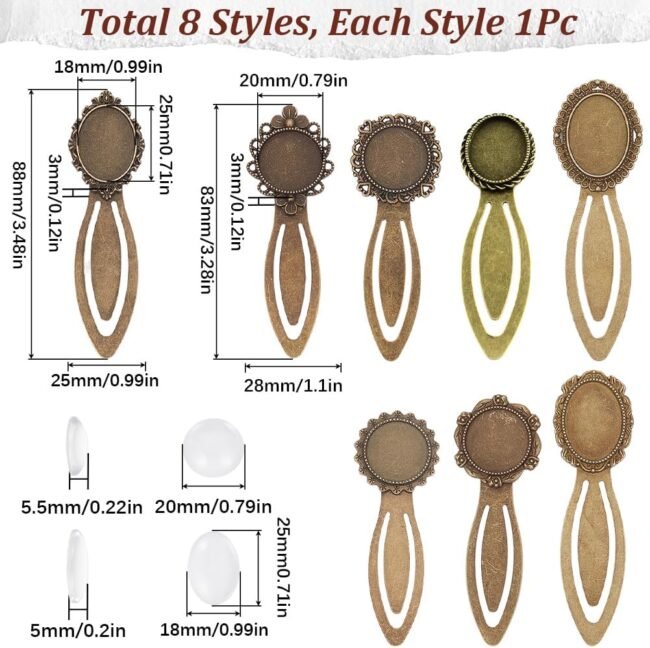 1 Box 16Pcs DIY 8 Sets Vintage Bookmark Metal Antique Bronze Bookmark Bezel Tray Cabochon Book Marks Making Kit Clear Glass Cabochons Book Mark Blank Bezels for Adults DIY Crafts - Image 2