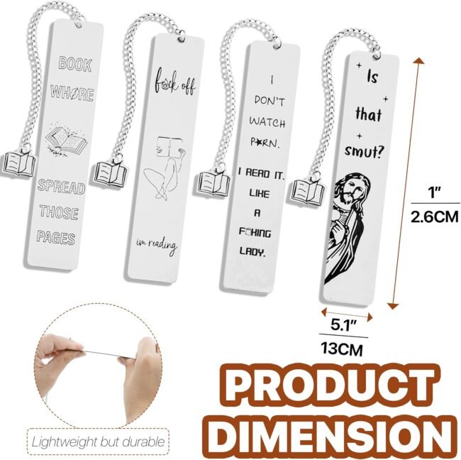Funny Metal Bookmark Set of 4 – Sarcastic Gifts for Book Lovers, Women, Men, Teens, Friends, Coworkers – Stainless Steel Page Markers with Humorous Engraved Designs – Reading Accessories for Her & Him - Image 2