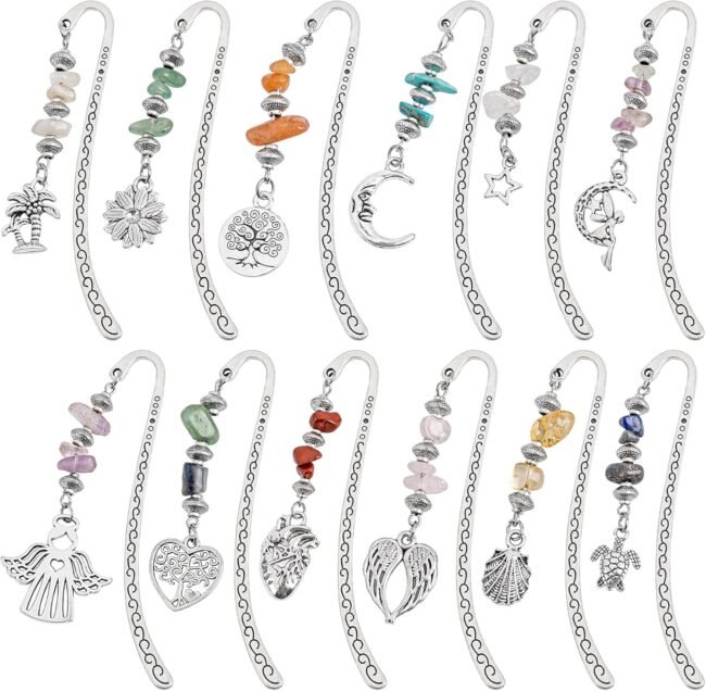 , 12 Pack Metal Bookmarks with Gemstone Bead Charm Chain Beading Mixed Style Vintage Alloy Hook Pendant for Teacher Reading Lover