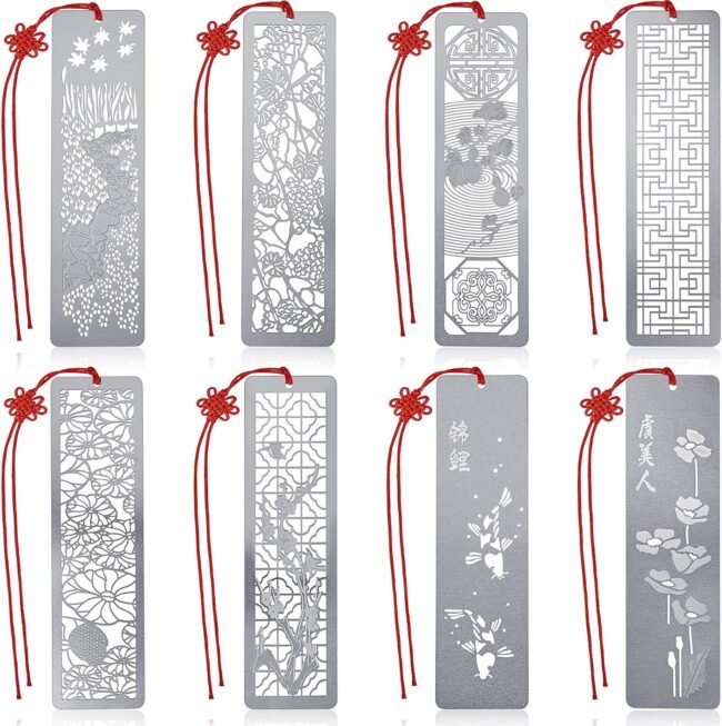 8-Piece Hollow Art Metal Bookmarks for Wedding, Men, Teachers & Employee Appreciation - Stainless Steel, Red Knot Theme, 4.5 x 1.25 Inch