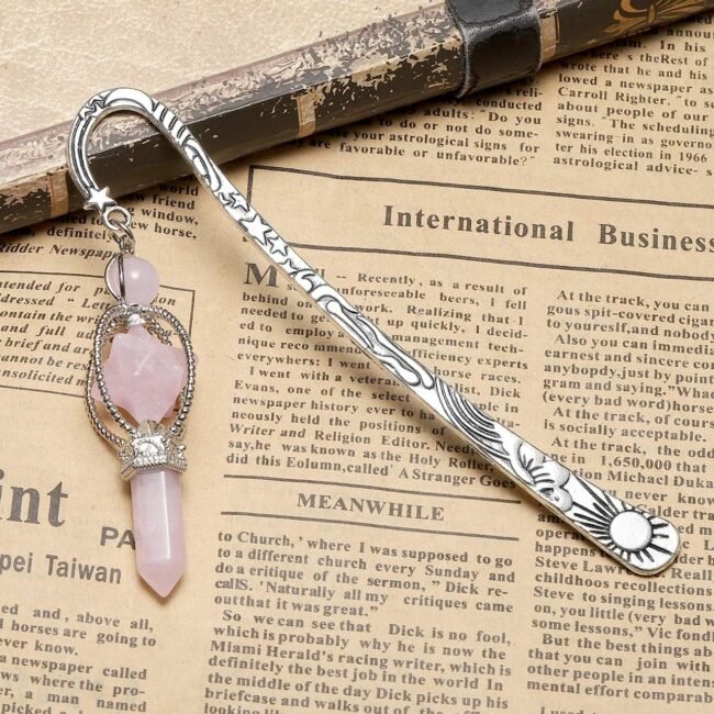 Vintage Silver Metal Bookmark with Healing Crystal Gemstone Pendant Charm (Rose Quartz) - Image 2