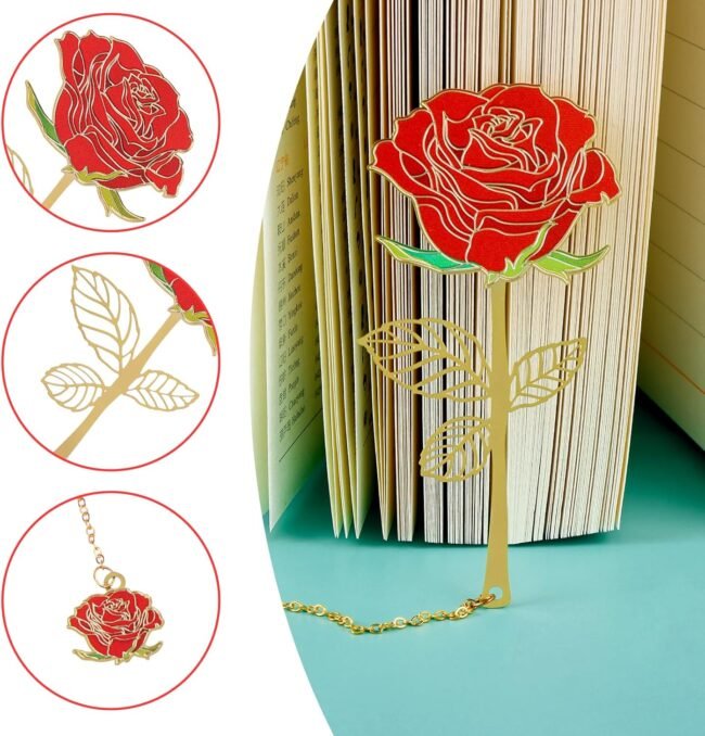 Red Rose Bookmark with Flower Pendant, Metal Book Page Holder for Reading Lovers, Unique Gifts BookMarkers for Women, Her, Mom, Librarian, Teacher Book Lovers - Image 2