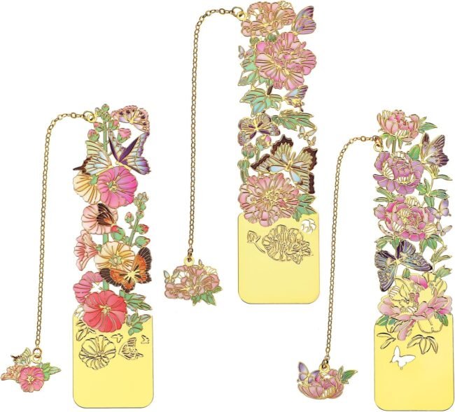 Metal Bookmarks for Reading 3pcs Aesthetic Bookmarks Pretty Women Book Lovers Peach Blossom Cottonrose Hibiscus Peony Book Accessories Cute Bookmark