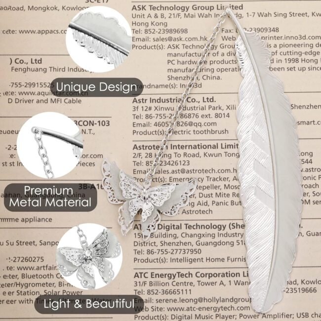 Metal Feather Bookmark - Glow in The Dark with 3D Butterfly Charm, Unique Gift for Women Book Lovers (Silver Feather) - Image 2
