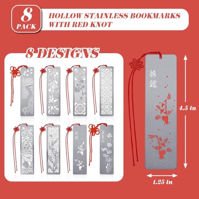 8-Piece Hollow Art Metal Bookmarks for Wedding, Men, Teachers & Employee Appreciation - Stainless Steel, Red Knot Theme, 4.5 x 1.25 Inch - Image 2