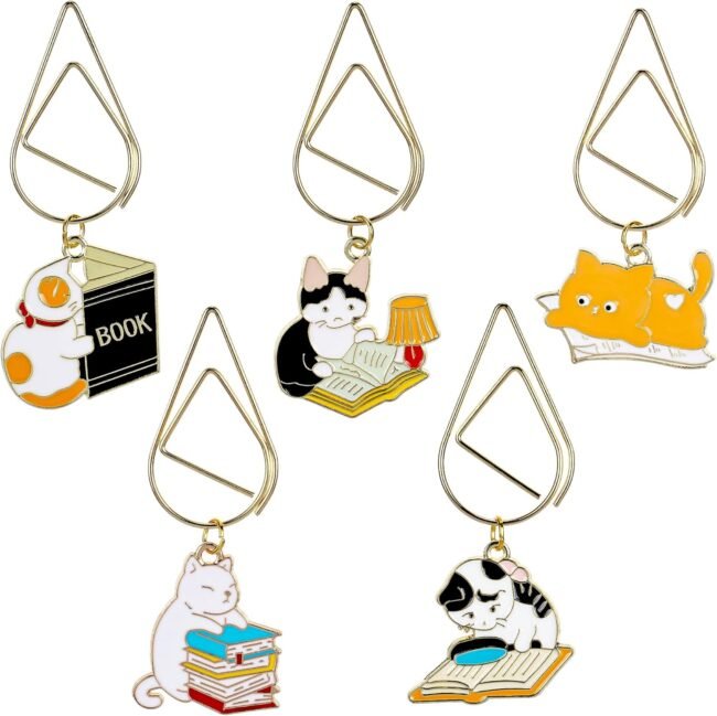 Cute Cat Metal Bookmark - 5 PCs Funny Paper Clip Page Markers Inspirational Book Lovers Bookworm Gifts Metal Bookmarks Kids Students Teachers Birthday Valentines School Reading Accessories